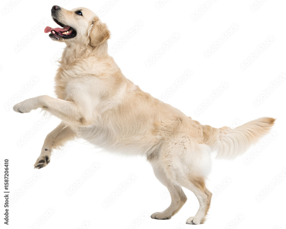 A beautiful Golden Retriever dog jumping up on its hind legs with an open mouth. A beautiful Golden Retriever dog jumping up on its hind legs with an open mouth.