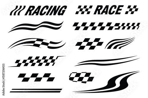 Set of racing stripes for car decals including checkered flag and speed line designs for automotive graphics and vehicle decoration