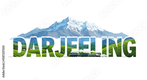 Darjeeling landscape with train, and mountain India.