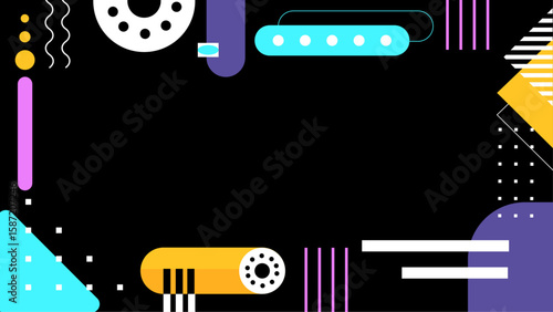 Colorful abstract geometric shapes create a vibrant artwork against a dark background.