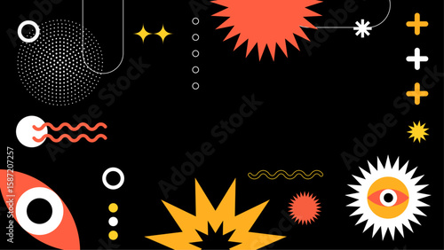 Colorful abstract shapes and symbols on black background.