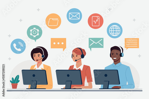 Three diverse customer service agents wearing headsets work at computers with interface icons floating above