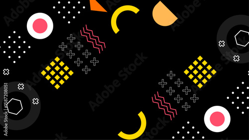 Abstract design with vibrant, random shapes on dark backdrop, ideal for modern or contemporary graphic projects, backgrounds, or web design.