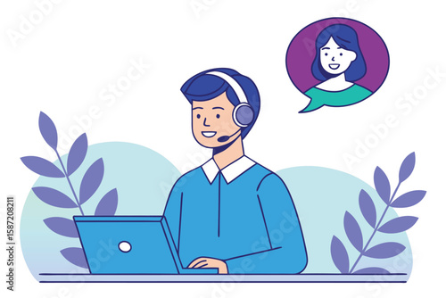 Young smiling man using laptop while talking to a female customer in dialogue