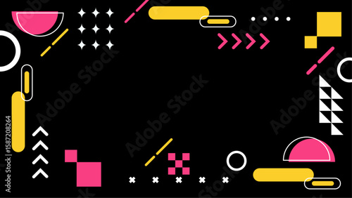 Vibrant geometric shapes on black backdrop. Suitable for modern designs, abstract backgrounds, graphic projects, and eye catching visuals.