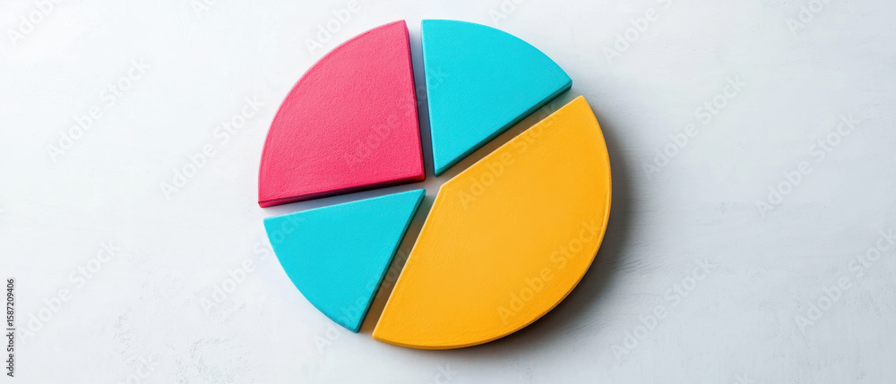 Fototapeta premium Vibrant colorful pie chart with four distinct segments in red, blue, and yellow, symbolizing data distribution and analysis