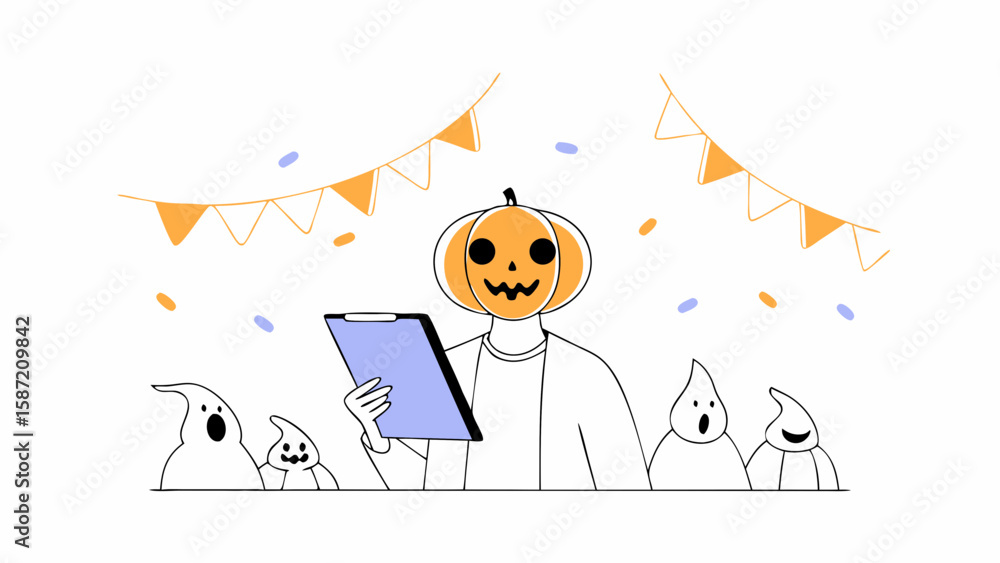 Fototapeta premium A pumpkin headed person holds a clipboard with ghosts isolated on white background
