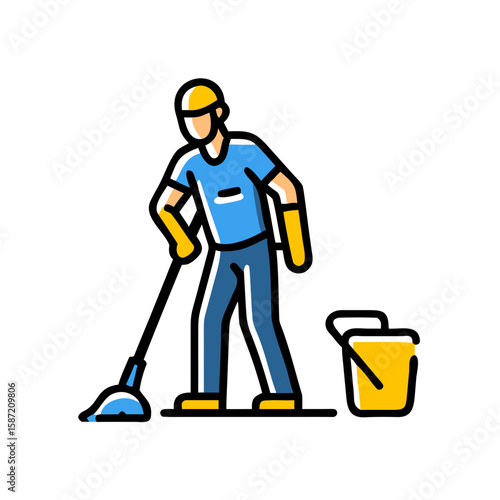 A janitor is mopping the floor with a bucket isolated on white background
