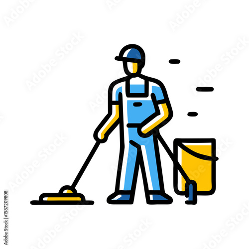 A janitor is mopping the floor with a bucket isolated on white background