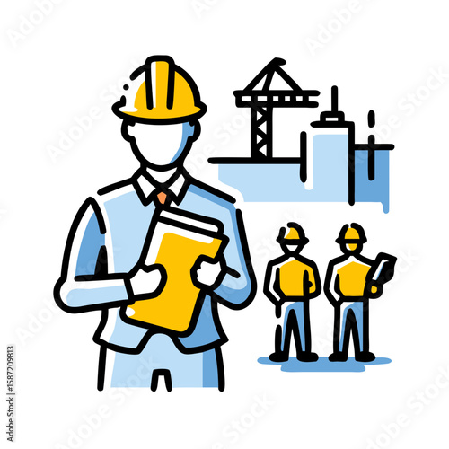 A construction engineer is supervising a building project isolated on white background