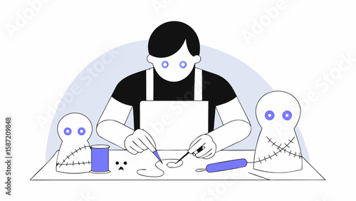 A person is sewing a doll isolated on white background