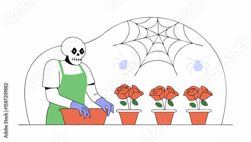A skeleton gardener tends to roses under a spiderweb for halloween