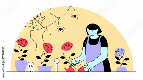 A gardener tends to roses under a spiderweb for halloween