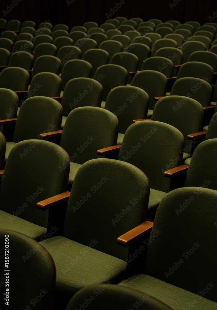 Obraz premium A low-angle view of numerous rows of empty, dark green theater seats with wooden armrests