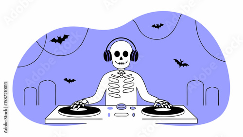 A skeleton dj plays music at a halloween party with bats