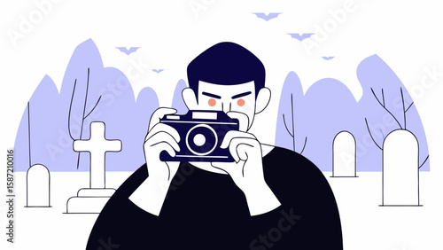 A photographer takes pictures in a spooky cemetery at night