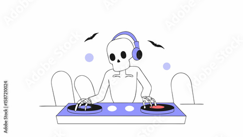 A skeleton dj plays music at a halloween party in a cemetery