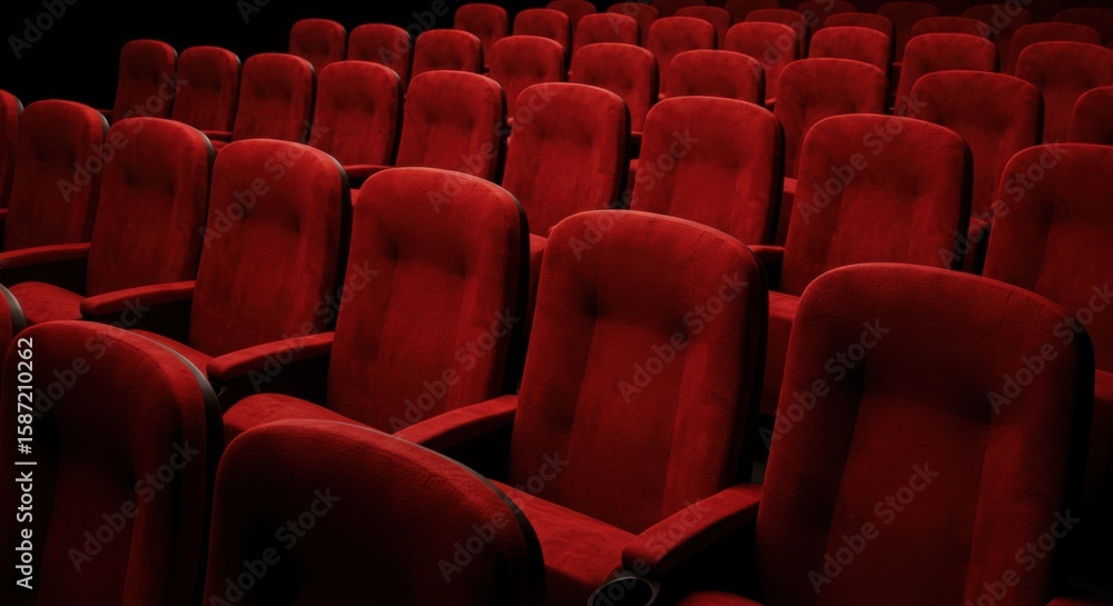 Obraz premium A close-up view of multiple rows of vacant, plush red theater seats