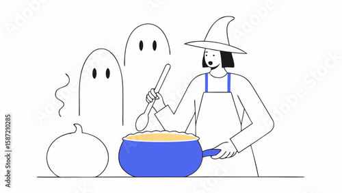A witch is cooking a spooky halloween brew with ghosts and a pumpkin