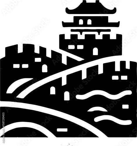 black and white vector illustration of a stylized wall with battlements and a tall watchtower, resembling the great wall of china