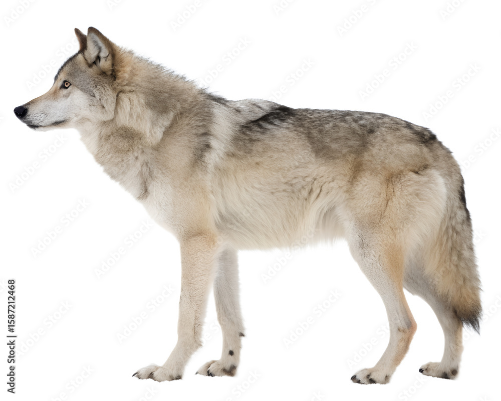 Fototapeta premium Gray Wolf in Profile View Against White Background.