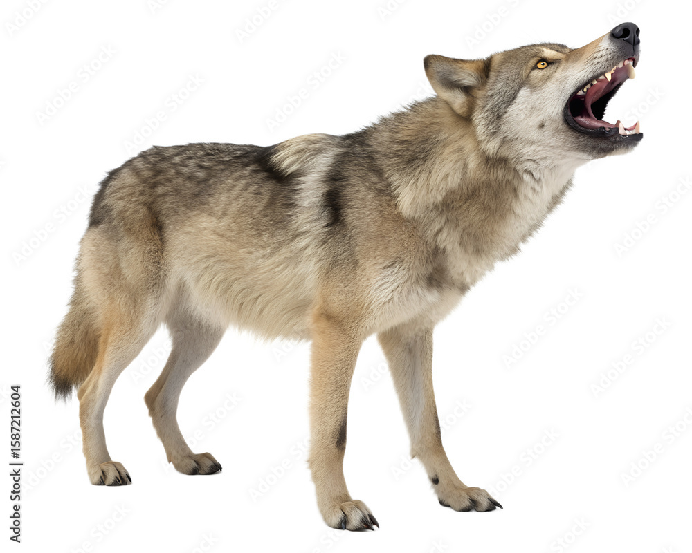 Fototapeta premium Howling Gray Wolf with Open Mouth and Sharp Teeth on White Background.