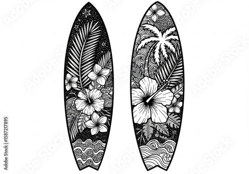 Two detailed black and white surfboard designs featuring tropical flowers and palm trees