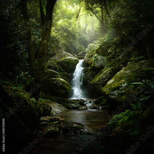 Ethereal Serenity: A Tranquil Waterfall Cascading Through a Lush Forest Oasis