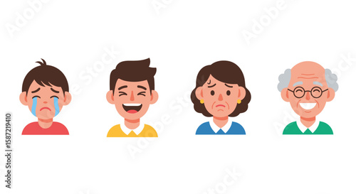 Illustration of four people showing different emotions such as crying and happy