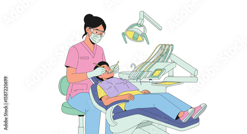 Dentist examining patients teeth with dental instruments in clinic chair wearing mask and gloves.