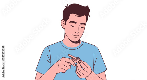 Man Trimming Fingernails with Nail Clippers Vector Illustration.