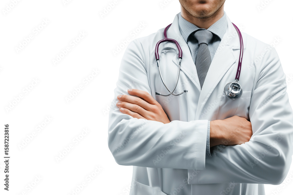Closeup of doctor man stand arms crossed with stethoscope isolated on white background. Closeup of doctor man stand arms crossed with stethoscope isolated on white background.