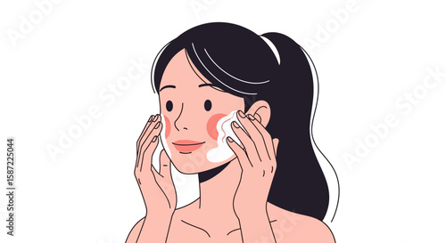 Woman Applying Facial Cleanser Skincare Routine Vector Illustration Beauty Concept.