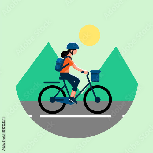 Wallpaper Mural A woman with a helmet and backpack rides a bicycle on a road with mountains and the sun in the background. Torontodigital.ca