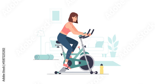 Woman on Exercise Bike Indoor Cycling Fitness and Home Workout Illustration.