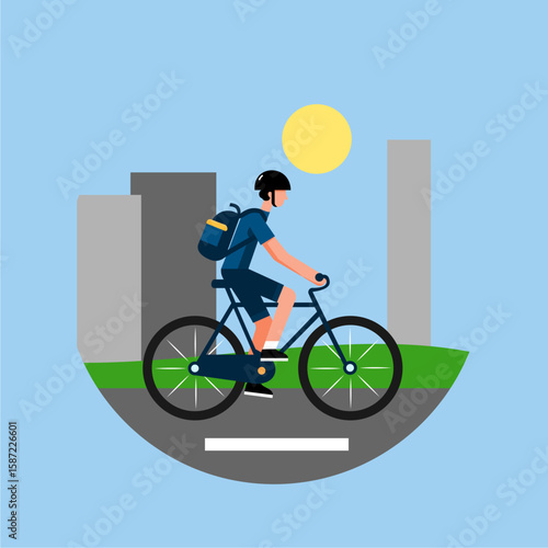 A person rides a bicycle on a road, with buildings and the sun.