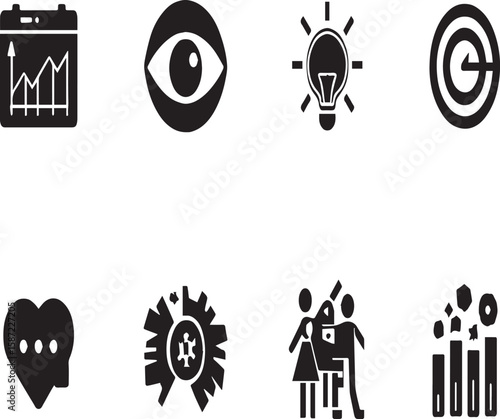 Collection of black and white icons representing business and social concepts on a white backdrop