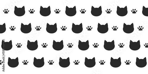 cat and paw seamless pattern black kitten face head vector pet cartoon doodle tile background gift wrapping paper repeat wallpaper scarf isolated illustration design