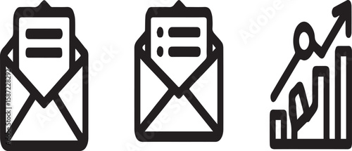 Three black and white icons depicting emails and a graph indicating growth on a white background