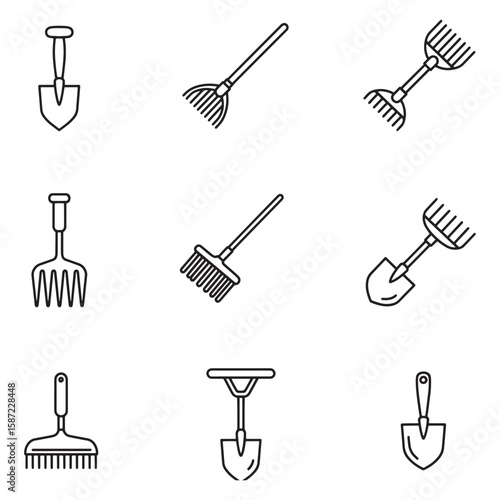 Collection of simple outline illustrations of gardening tools for agriculture and landscaping