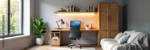 Stylish Compact Home Office Setup Hidden Desk & Ample Storage for Small Spaces. Ideal for Students & Remote Workers seeking a practical, organized workspace.