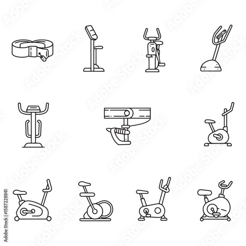 Collection of stylish line art illustrations of fitness equipment and exercise machines