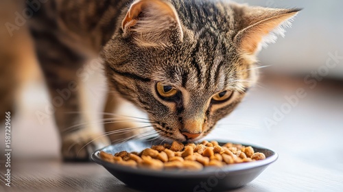 Cat Eating Food from a Bowl in a Warm Indoor Setting