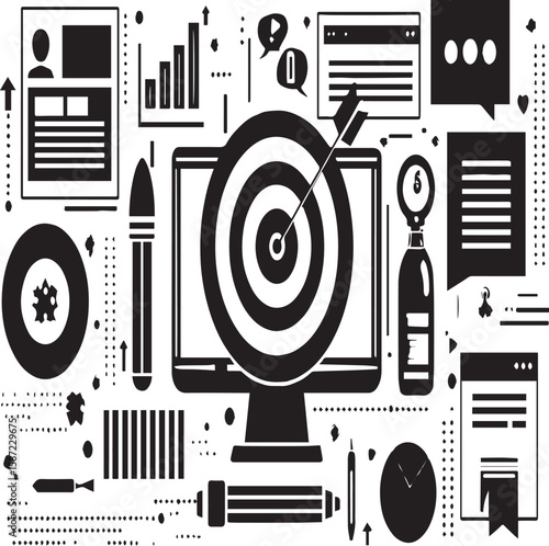 Black and white illustration of computer screen with target and arrow surrounded by icons and graphics