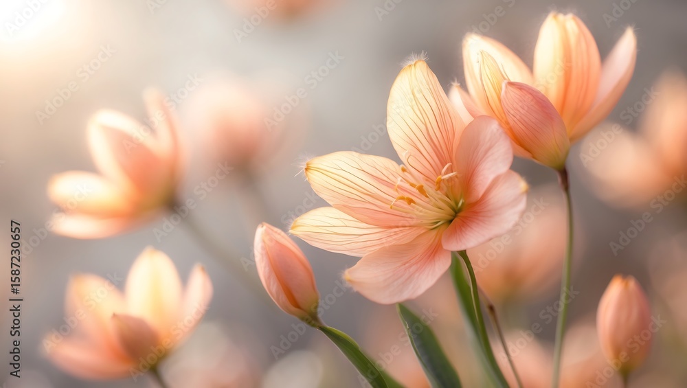 Naklejka premium Close-up view of delicate peach-colored flowers blooming in soft, natural light.