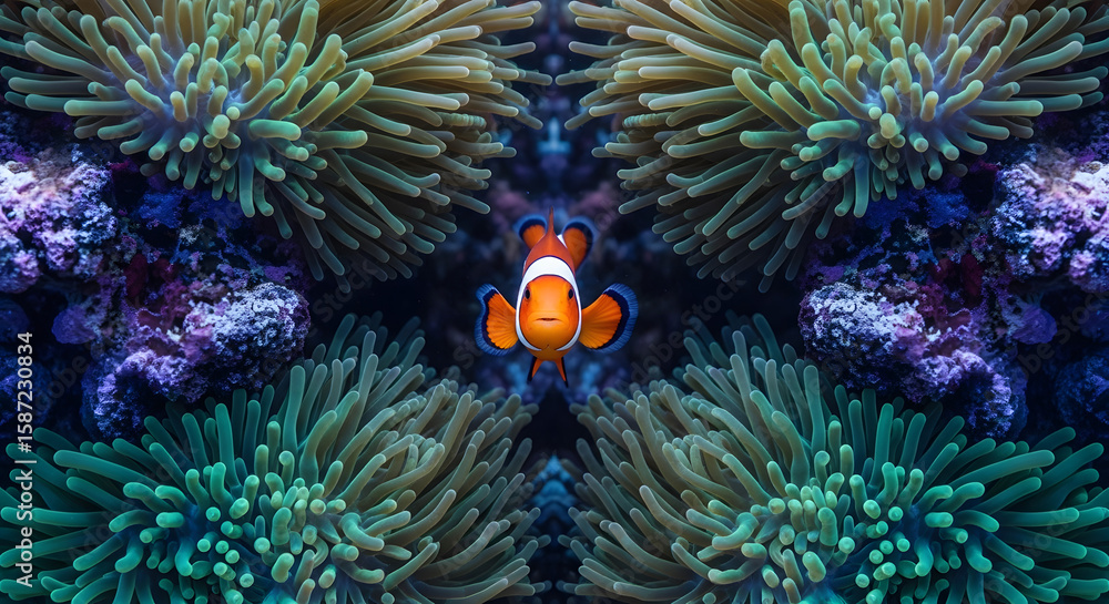 Obraz premium Radiant Sea Clownfish Amidst Anemone Coral Symphony, A Marine Whisk of Color and Life