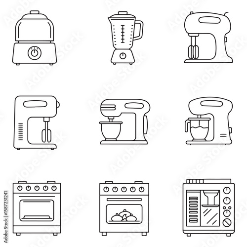 Outlined collection of kitchen appliances including steamers blenders ovens and mixers