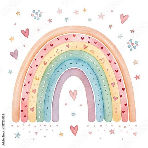 Pastel rainbow with tiny hearts and sparkles, watercolor style, isolated on white
