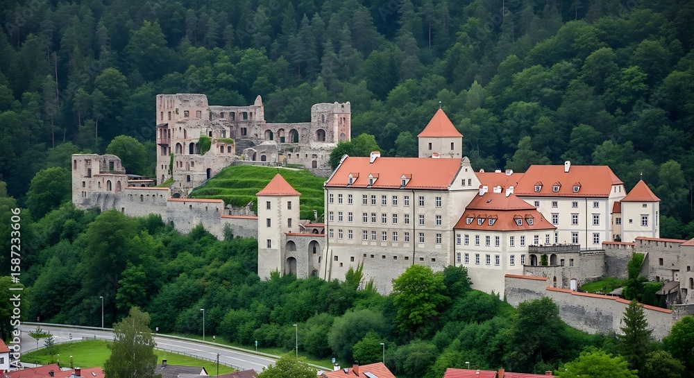 Obraz premium Majestic Castle, Ruins, and Lush Green Forest Landscape