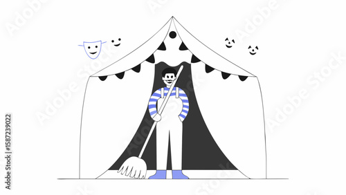 A circus cleaner is sweeping the floor of the big top tent